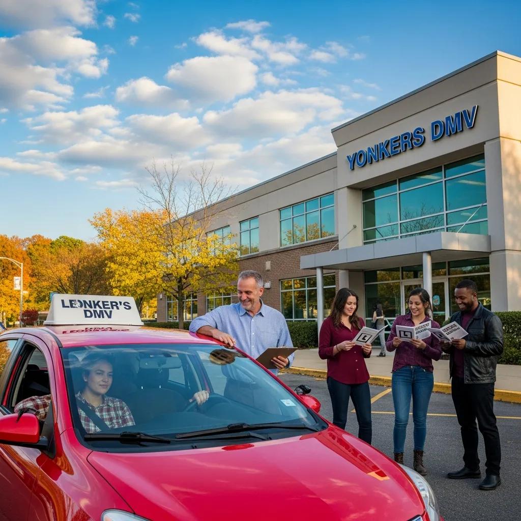 Group of diverse individuals preparing for a driving test in Yonkers, showcasing a positive and engaging atmosphere