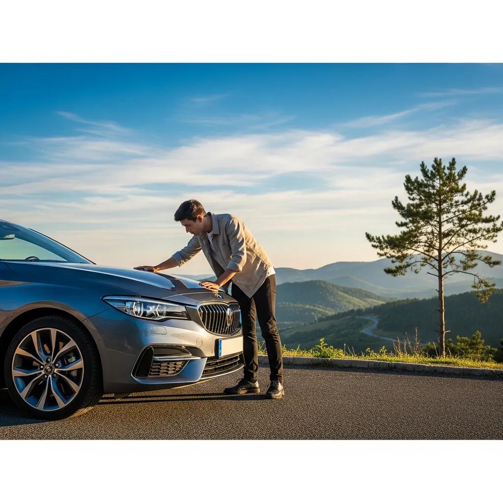 Person inspecting a vehicle during a road test in a scenic outdoor setting
