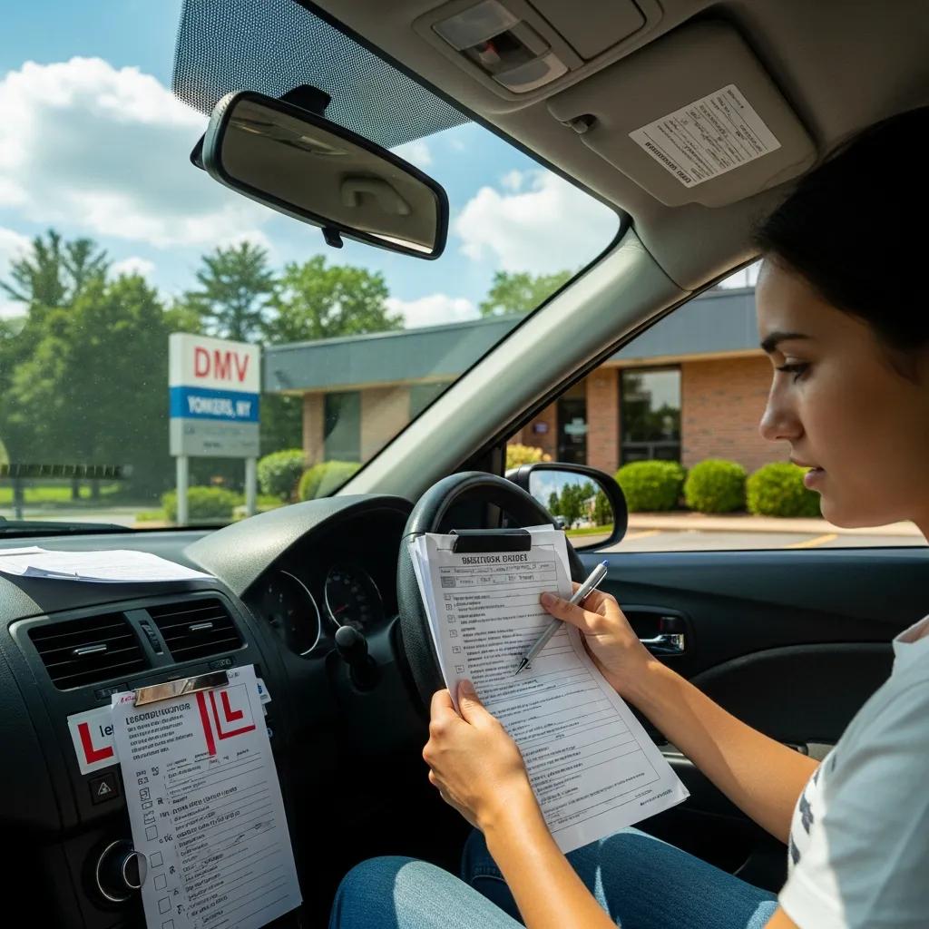 Young driver preparing for road test in Yonkers, New York, with documents and checklist