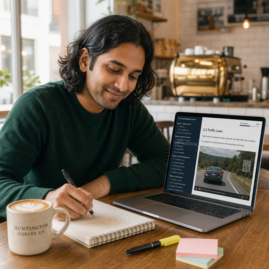 Student taking the NY 5 hour pre-licensing course online in Huntington, New York