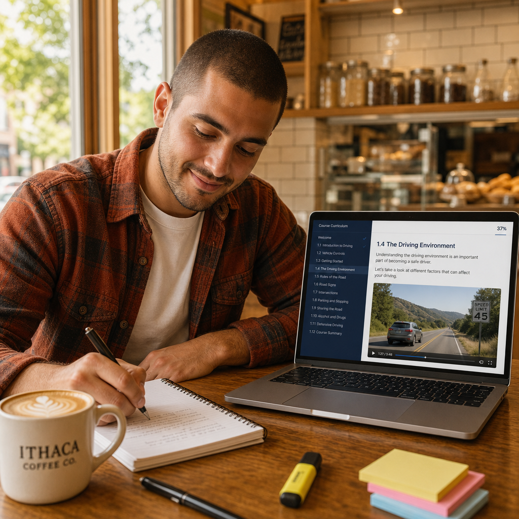 Student taking the NY 5 hour pre-licensing course online in Ithaca, New York