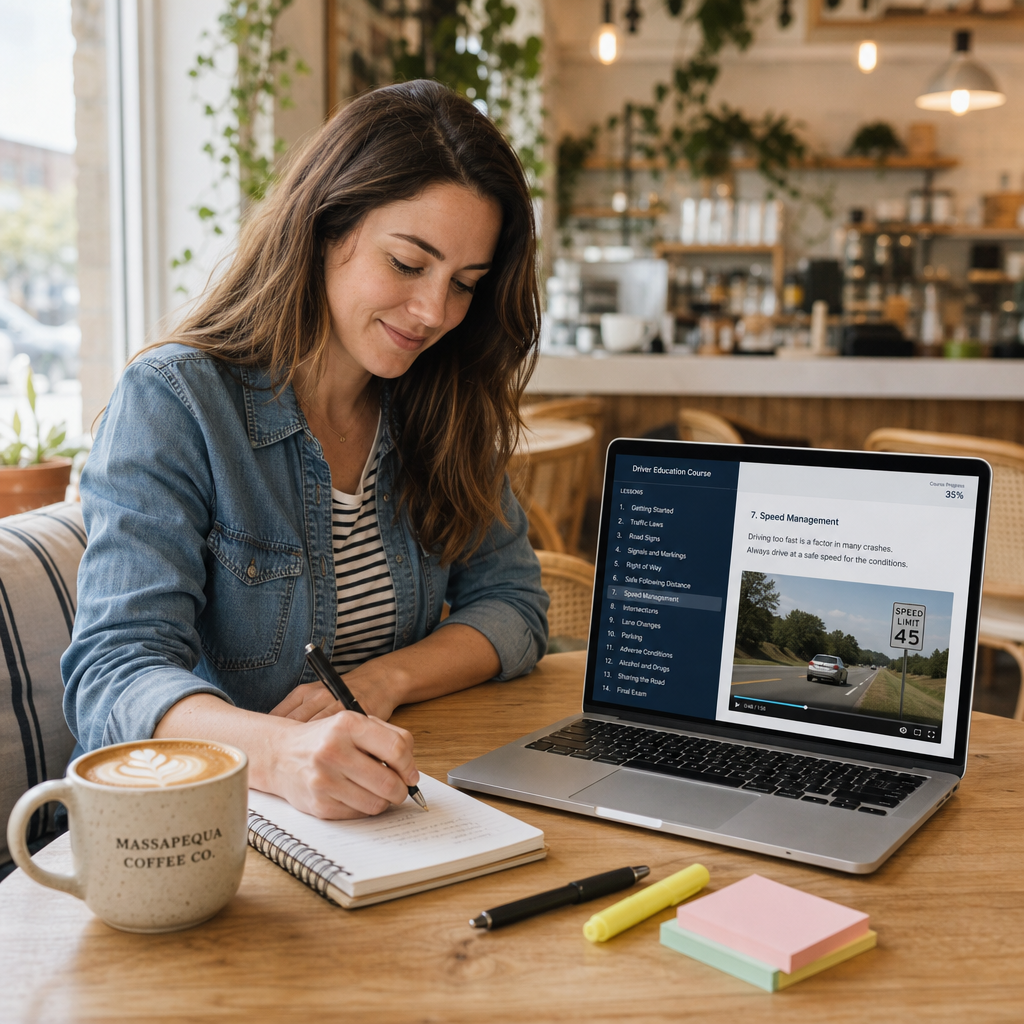 Student taking the NY 5 hour pre-licensing course online in Massapequa, New York