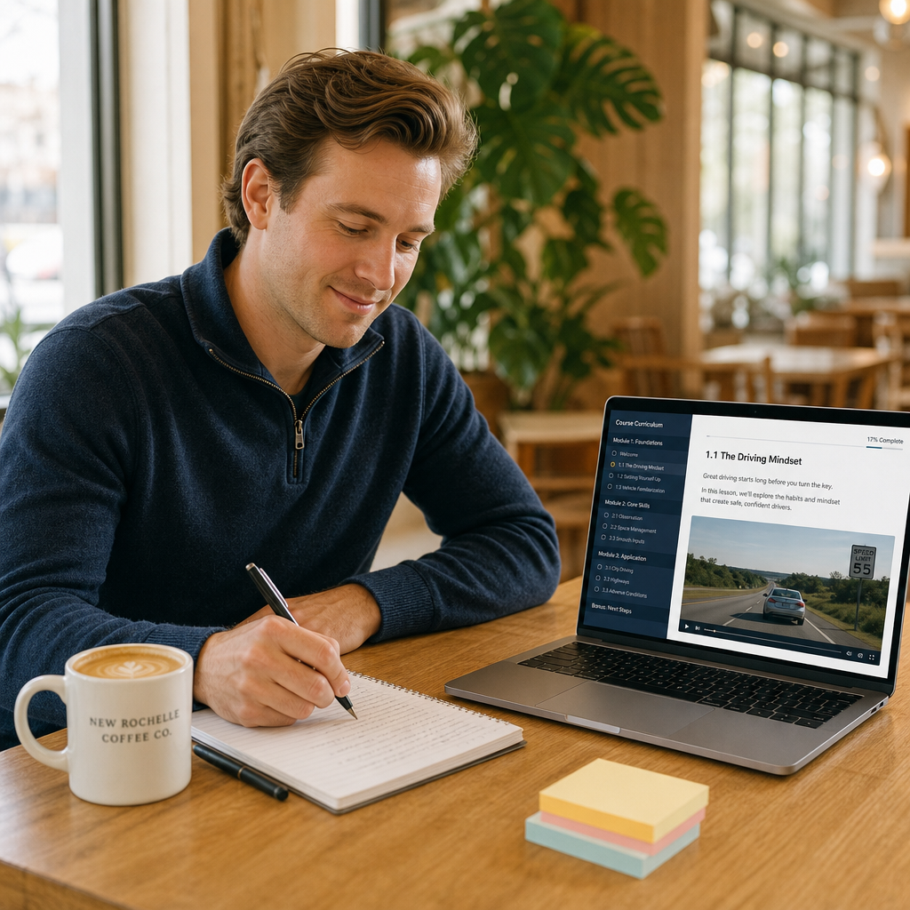 Student taking the NY 5 hour pre-licensing course online in New Rochelle, New York
