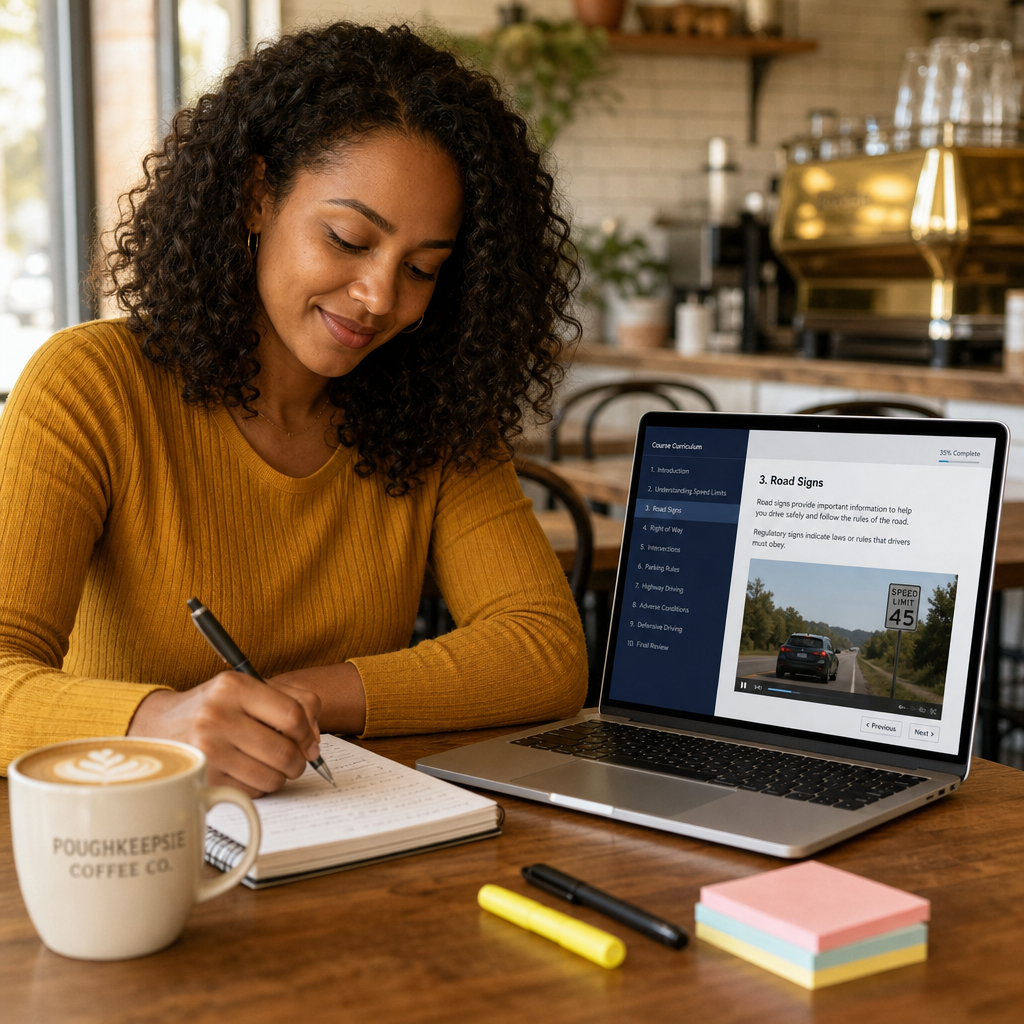 Student taking the NY 5 hour pre-licensing course online in Poughkeepsie, New York
