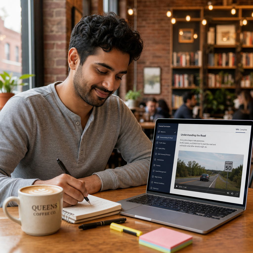 Student taking the NY 5 hour pre-licensing course online in Queens, New York
