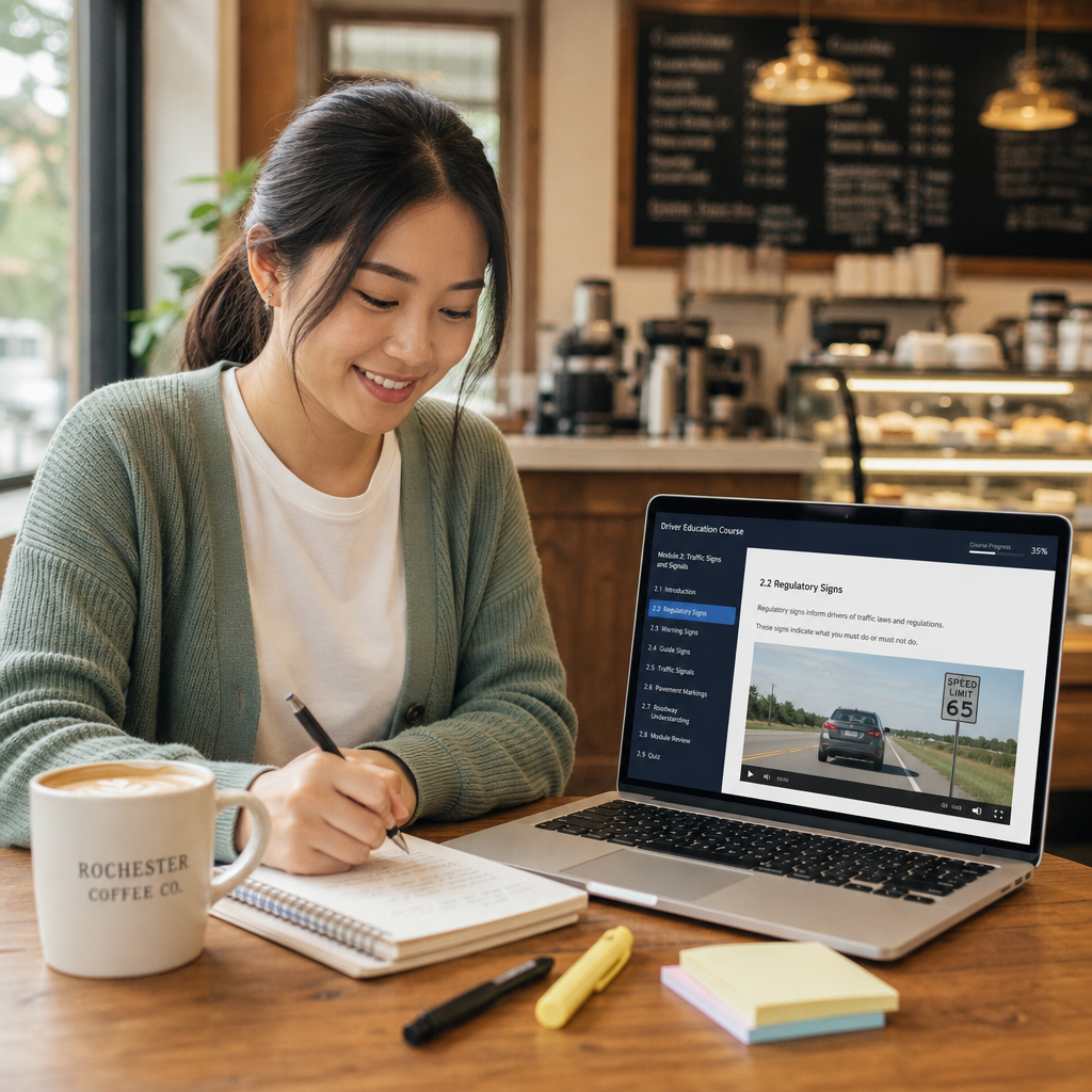 Student taking the NY 5 hour pre-licensing course online in Rochester, New York
