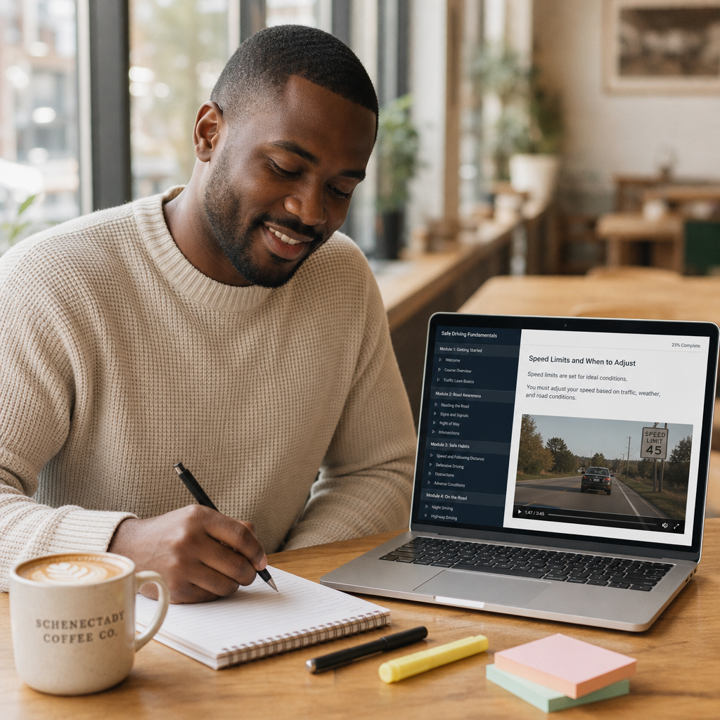 Student taking the NY 5 hour pre-licensing course online in Schenectady, New York