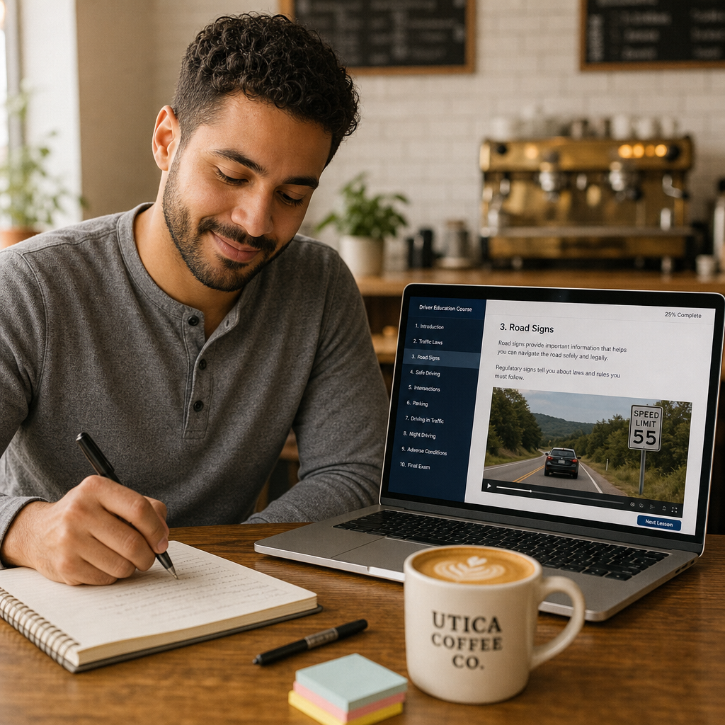 Student taking the NY 5 hour pre-licensing course online in Utica, New York
