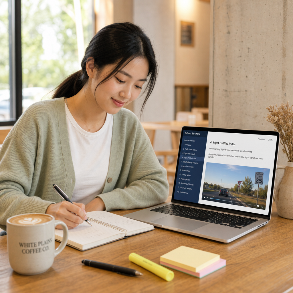 Student taking the NY 5 hour pre-licensing course online in White Plains, New York